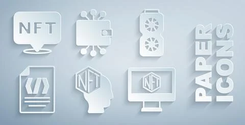 Set NFT Digital crypto art, Video graphic card, Binary code, Monitor with store 스톡 일러스트