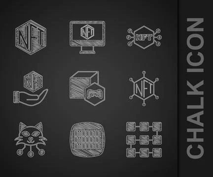 Set NFT Digital crypto art, Binary code, blockchain technology,  and  icon. V Illustrazione stock