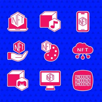 Set NFT Digital crypto art, Monitor with store app, Binary code, cloud, Mobil Illustrazione stock