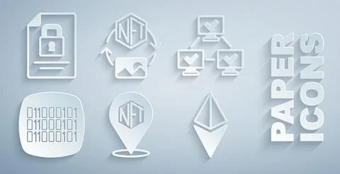 Set NFT Digital crypto art, blockchain technology, Binary code, Ethereum ETH Stock Illustration