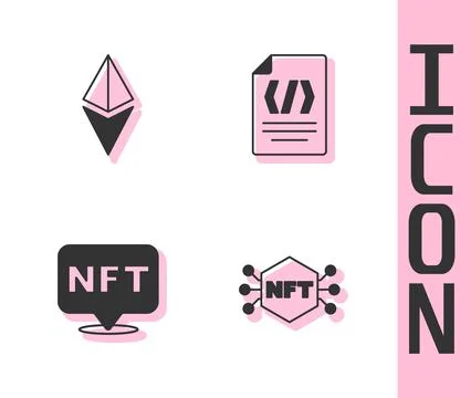Set NFT Digital crypto art, Ethereum ETH, and Binary code icon. Vector Stock Illustration