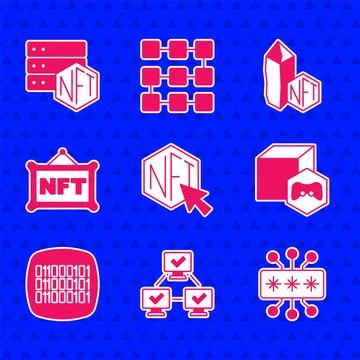 Set NFT Digital crypto art, blockchain technology, Cyber security, Binary code Stock Illustration
