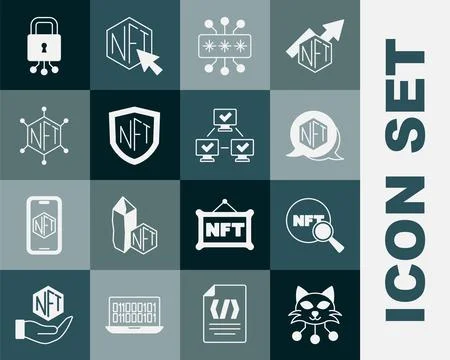 Set NFT Digital crypto art, Search, Cyber security, shield, blockchain Illustration