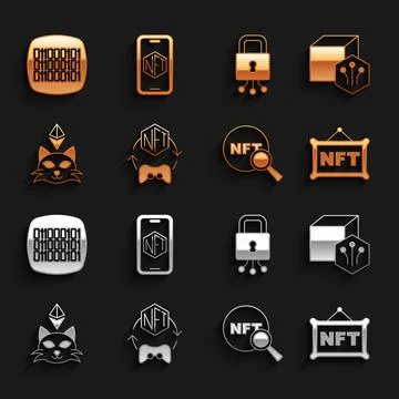 Set NFT Digital crypto art, Search, Cyber security, Binary code and Mobile with Stock Illustration