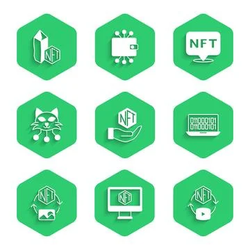 Set NFT Digital crypto art, Monitor with store app, Binary code, and icon Stock Illustration