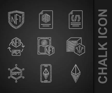 Set NFT Digital crypto art, Ethereum ETH, blockchain technology, Binary code and Stock Illustration