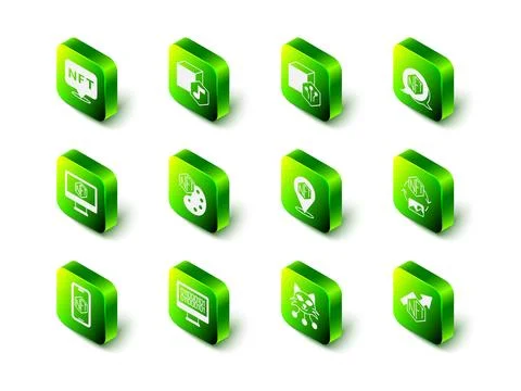 Set NFT Digital crypto art, growth bar chart, and Binary code icon. Vector Illustrazione stock