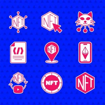 Set NFT Digital crypto art, Ethereum ETH, Binary code, and blockchain technology Stock Illustration