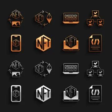Set NFT Digital crypto art, blockchain technology, Binary code, Laptop with 库存插图