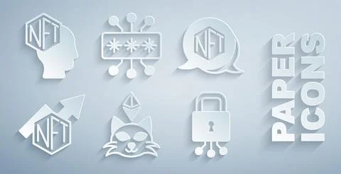 Set NFT Digital crypto art, growth bar chart, Cyber security, and icon. Vector Stock Illustration