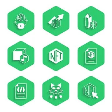 Set NFT Digital crypto art, contract, Binary code, and icon. Vector Stock Illustration