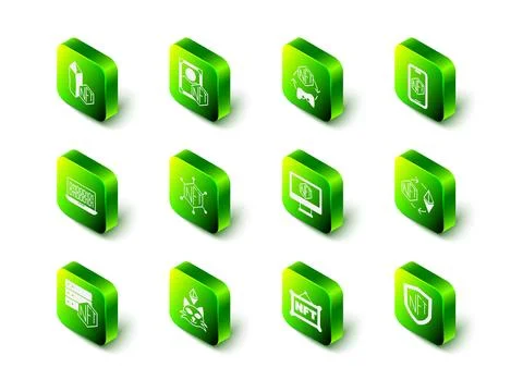 Set NFT Digital crypto art, Mobile with store app, Ethereum exchange, shield Stock Illustration