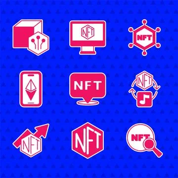 Set NFT Digital crypto art, Search, growth bar chart, Ethereum ETH, blockchain Stock Illustration