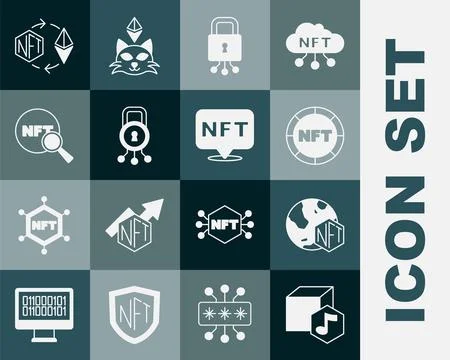 Set NFT Digital crypto art, Cyber security, Search, Ethereum exchange and icon Stock Illustration