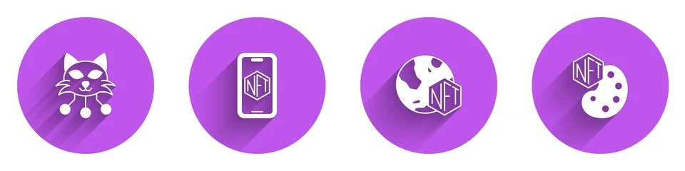 Set NFT Digital crypto art, Mobile with store app, and icon with long shadow Illustrazione stock