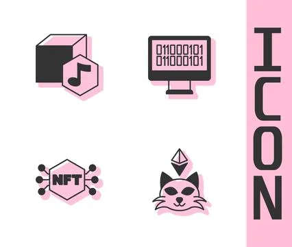 Set NFT Digital crypto art, and Binary code icon. Vector Stock Illustration