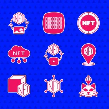 Set NFT Digital crypto art, blockchain technology, cloud, and icon. Vector Stock Illustration