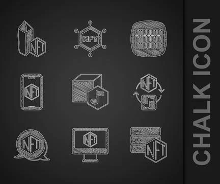 Set NFT Digital crypto art, Monitor with store app, blockchain technology Illustrazione stock
