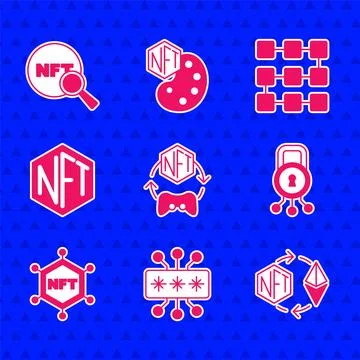 Set NFT Digital crypto art, Cyber security, Ethereum exchange, blockchain Stock Illustration