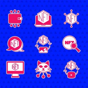Set NFT Digital crypto art, Search, Monitor with store app, blockchain tech.. Stock Illustration