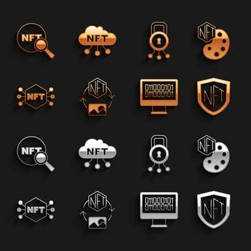 Set NFT Digital crypto art, shield, Binary code, Cyber security, Search and.. Stock Illustration