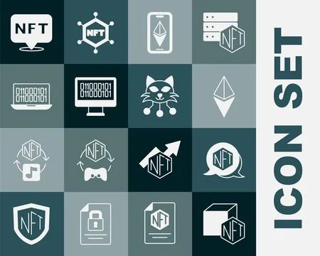 Set NFT Digital crypto art, Ethereum ETH, Binary code,  and  icon. Vector Stock Illustration
