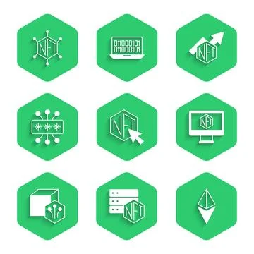 Set NFT Digital crypto art, blockchain technology, Ethereum ETH, Monitor wi.. Ilustración de archivo