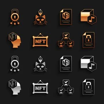 Set NFT Digital crypto art, Document and lock, blockchain technology, contr.. Stock Illustration