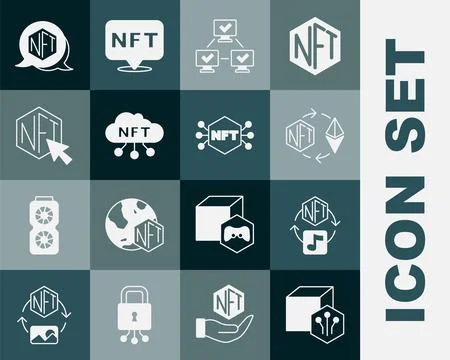 Set NFT Digital crypto art, Ethereum exchange, blockchain technology, cloud.. Stock Illustration