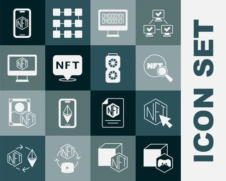 Set NFT Digital crypto art, Search, Binary code, Monitor with store app, Mo.. 库存插图