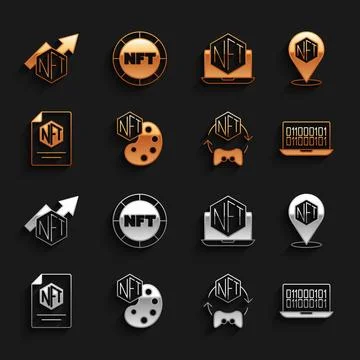 Set NFT Digital crypto art, Binary code, contract, Laptop with store app, g.. Illustrazione stock