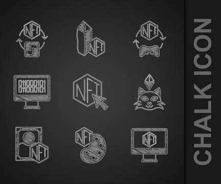 Set NFT Digital crypto art, Monitor with store app, Binary code,  and  icon.. Stock Illustration