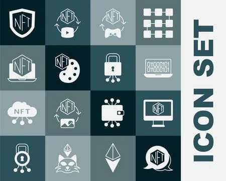 Set NFT Digital crypto art, Monitor with store app, Binary code, Laptop, sh.. 库存插图