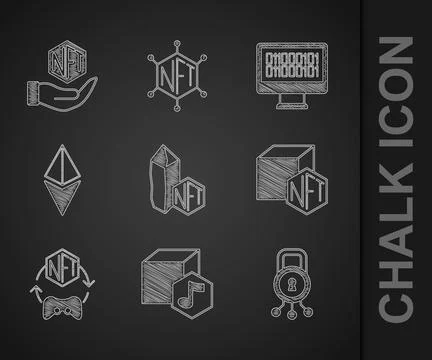 Set NFT Digital crypto art, Cyber security, Ethereum ETH, Binary code and i.. Stock Illustration