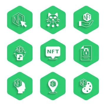 Set NFT Digital crypto art, Document and lock,  and  icon. Vector Ilustración de archivo