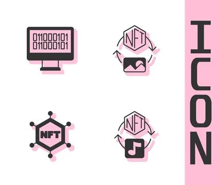 Set NFT Digital crypto art, Binary code, blockchain technology and  icon. V.. Stock Illustration