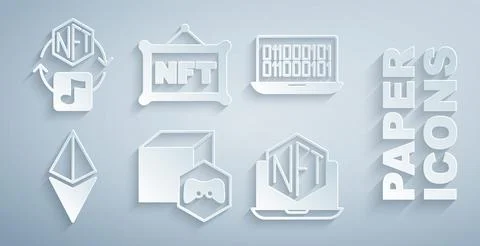 Set NFT Digital crypto art, Binary code, Ethereum ETH, Laptop with store ap.. 库存插图