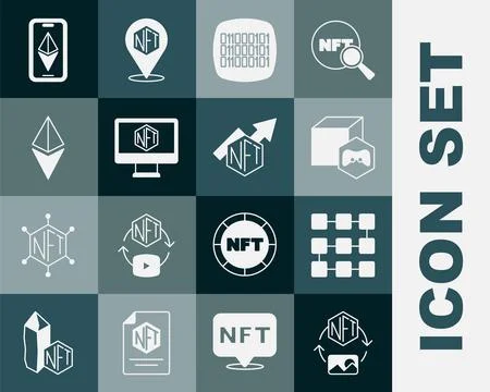 Set NFT Digital crypto art, blockchain technology, Binary code, Monitor wit.. Stock Illustration