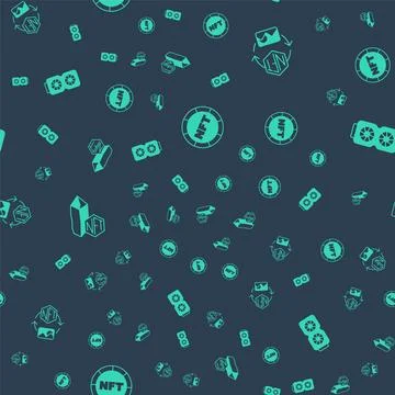 Set NFT Digital crypto art,  and Video graphic card on seamless pattern. Vect Stock Illustration
