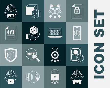 Set NFT Digital crypto art, Mobile with store app, Binary code,  and  icon... Illustrazione stock