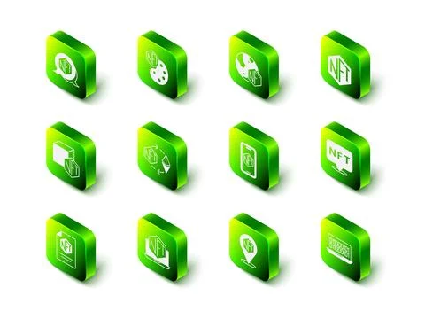 Set NFT Digital crypto art, Binary code, Mobile with store app,  and Laptop.. Stock Illustration