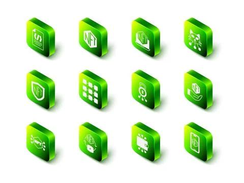 Set NFT Digital crypto art, Laptop with store app, Mobile, Cyber security, .. Stock Illustration