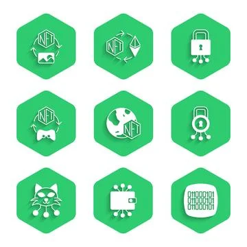 Set NFT Digital crypto art, Cryptocurrency wallet, Binary code, Cyber secur.. Stock Illustration