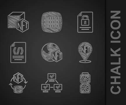 Set NFT Digital crypto art, blockchain technology, Video graphic card, Bina.. Stock Illustration