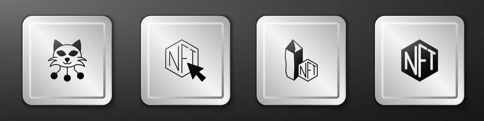 Set NFT Digital crypto art,  and  icon. Silver square button. Vector Stock Illustration