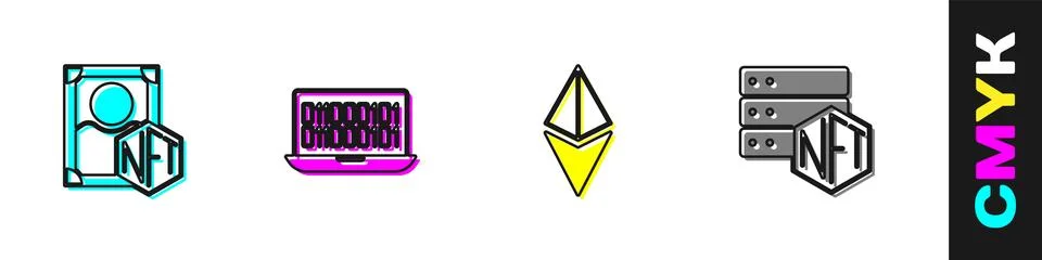 Set NFT Digital crypto art, Binary code, Ethereum ETH and blockchain techno.. Stock Illustration