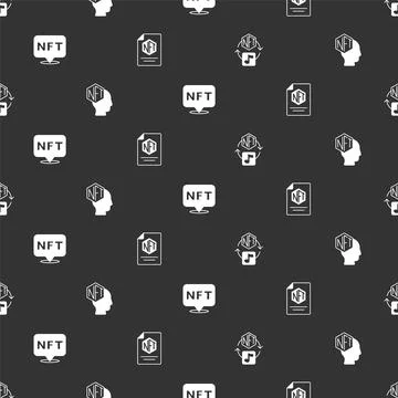 Set NFT Digital crypto art,  and contract on seamless pattern. Vector Stock Illustration