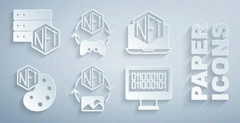 Set NFT Digital crypto art, Laptop with store app, Binary code,  and blockc.. イラスト素材