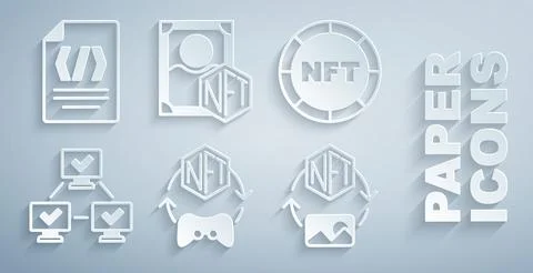 Set NFT Digital crypto art, blockchain technology,  and Binary code icon. V.. Illustrazione stock