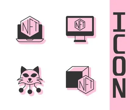 Set NFT Digital crypto art, Laptop with store app,  and Monitor icon. Vector Stock Illustration